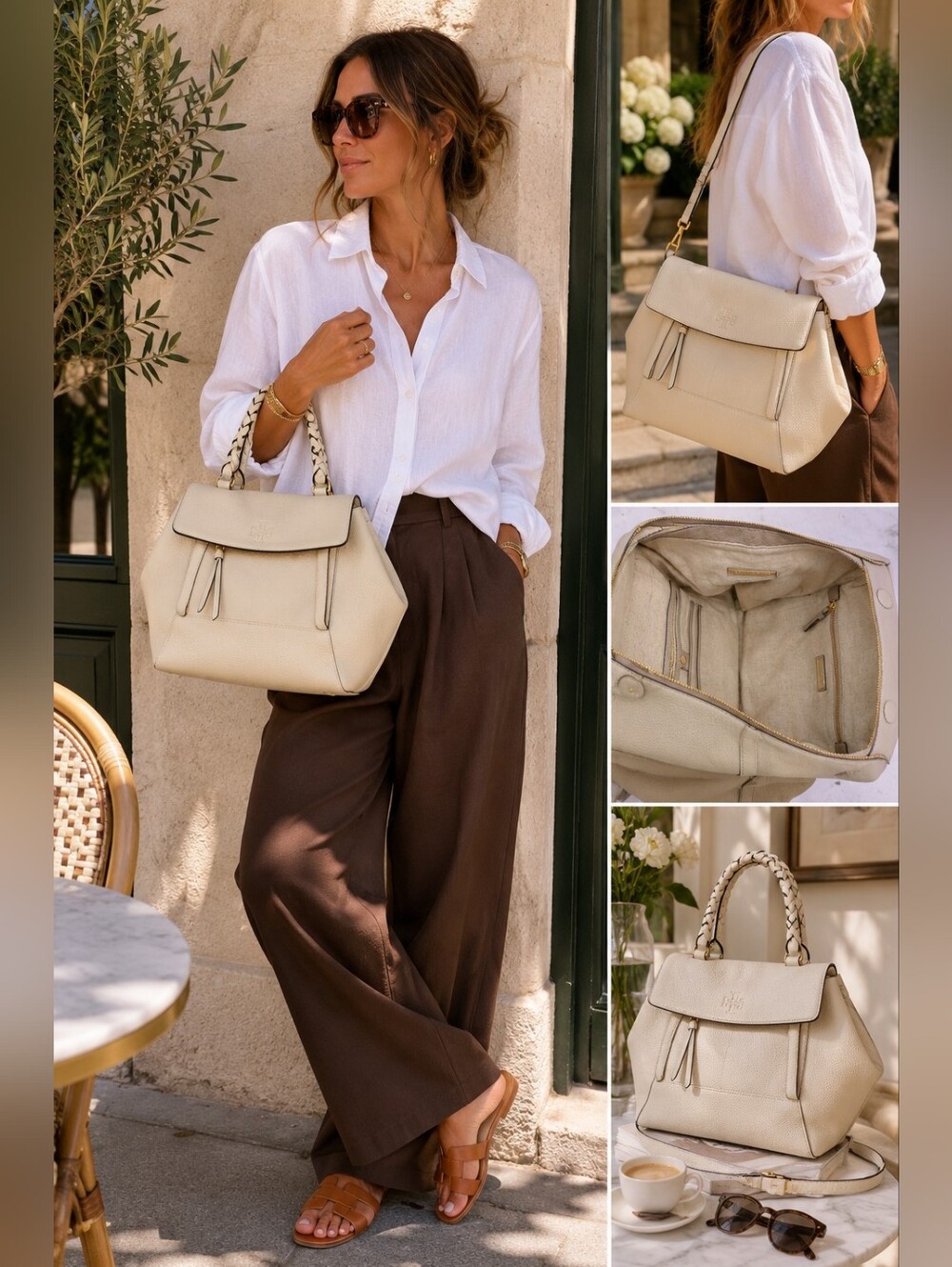 Tory Burch Half Moon Satchel Cream Pebbled Leather Convertible 2Way Tote
